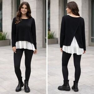 Fever Black Peated Chiffon Hem Sweater L Minimalist Lagen Artsy